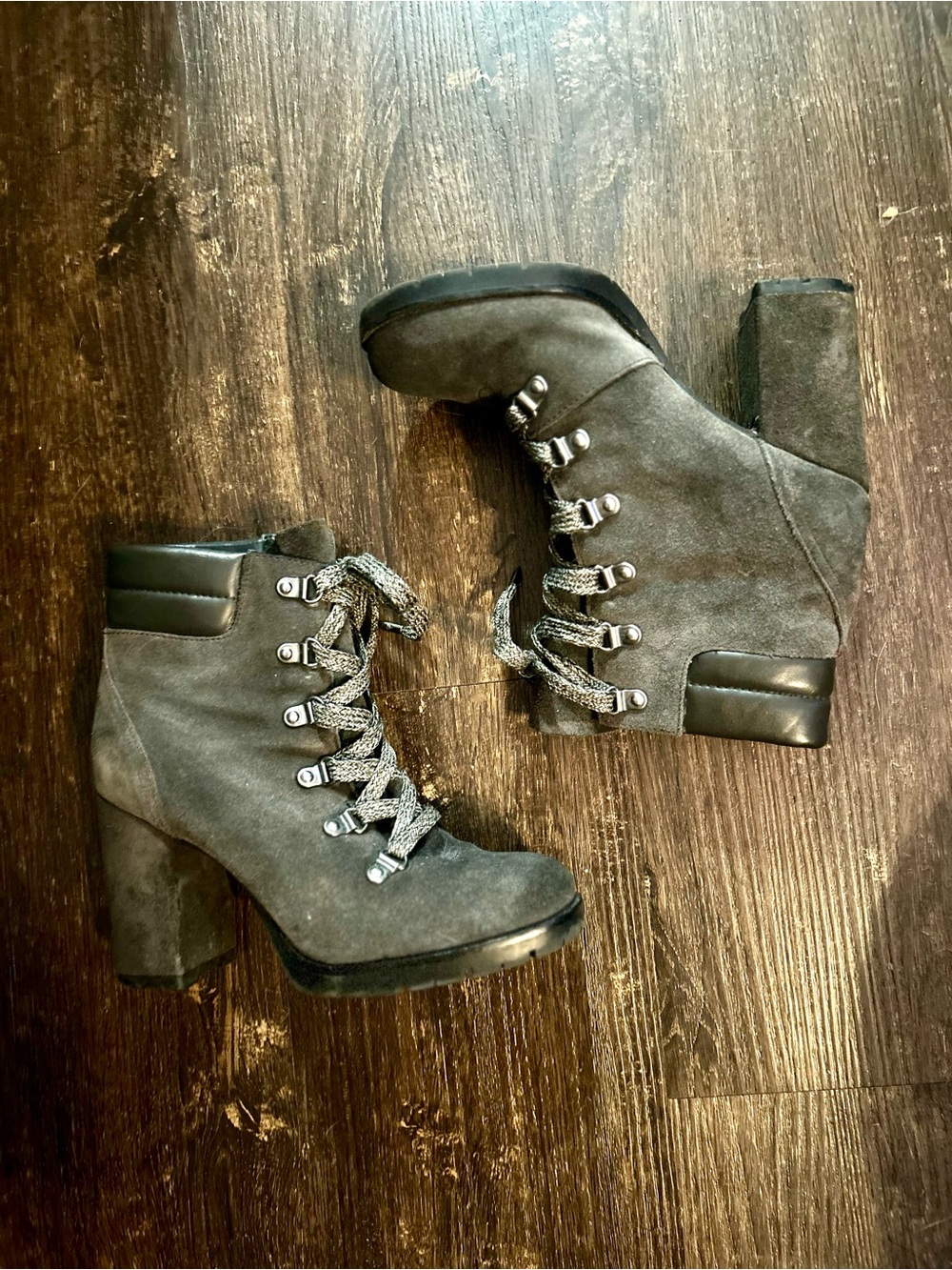 Sam Edelman “Carolina” Charcoal Gray Lace-Up Suede Block Heel Ankle Boots